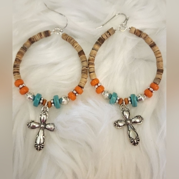 Cross Hoop Earrings, Cross Dangle, Beaded Cross Earrings - Picture 2 of 4